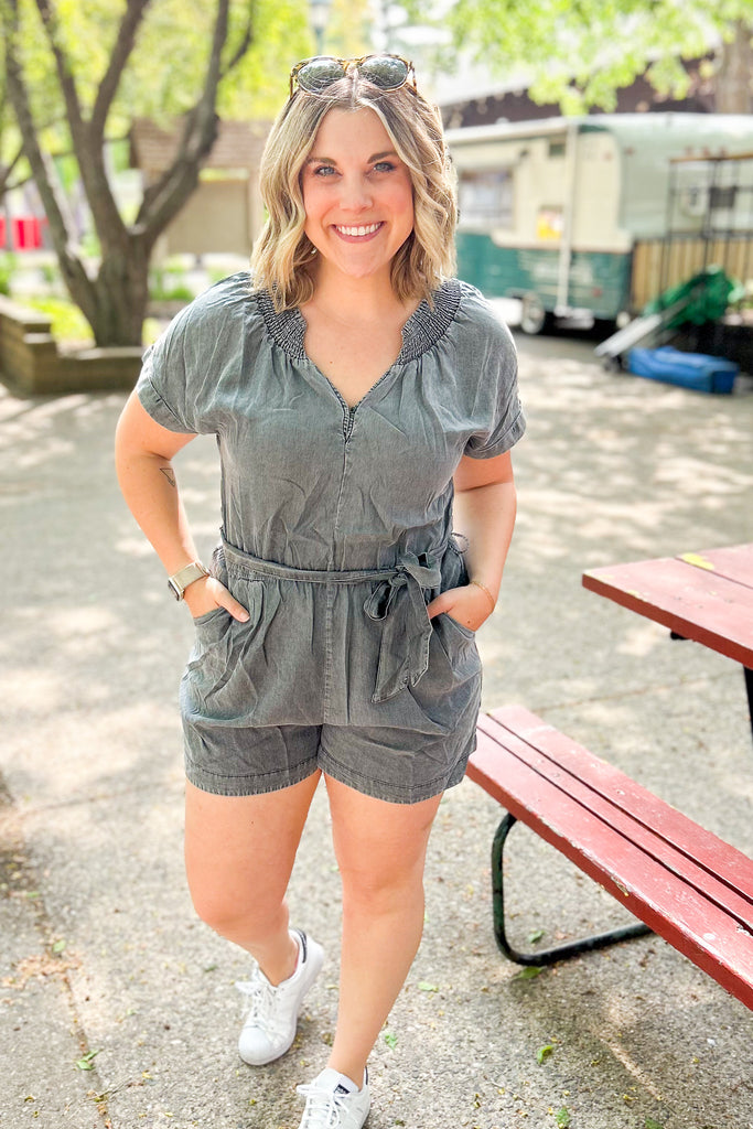 Charcoal Chambray Romper - Chic Avenue Boutique