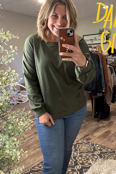 Olive Green Sueded Crewneck Pullover - Chic Avenue Boutique