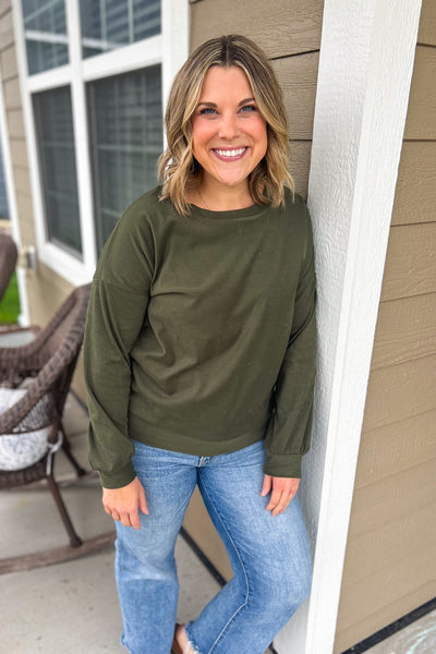 Olive Green Sueded Crewneck Pullover - Chic Avenue Boutique