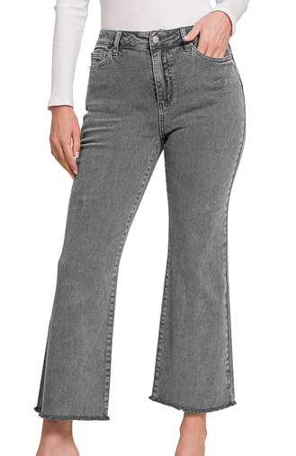 Acid Washed High Waist Frayed Crop Flare Jeans - Chic Avenue Boutique