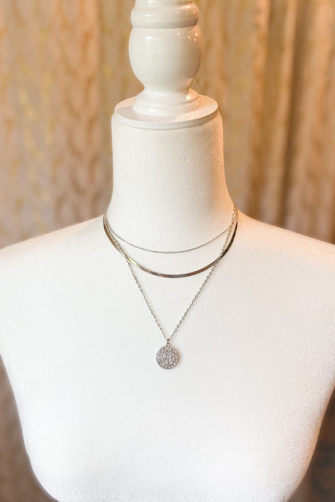 Three Layer Chain Necklace with Rhinestone Pendant -2 Metals! - Chic Avenue Boutique