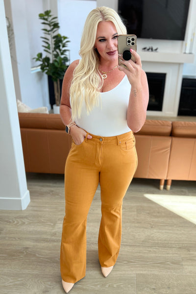 Melinda High Rise Control Top Flare Jeans in Marigold - Chic Avenue Boutique