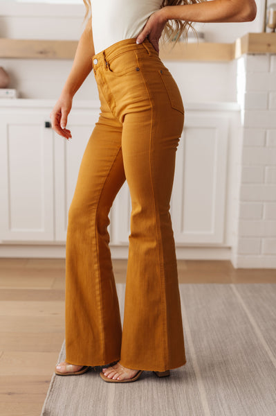 Melinda High Rise Control Top Flare Jeans in Marigold - Chic Avenue Boutique