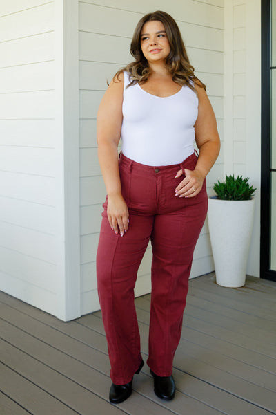 Phoebe High Rise Front Seam Straight Jeans in Burgundy - Chic Avenue Boutique
