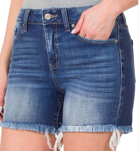 Zenana Mid Rise Raw Frayed Hem Shorts - Chic Avenue Boutique