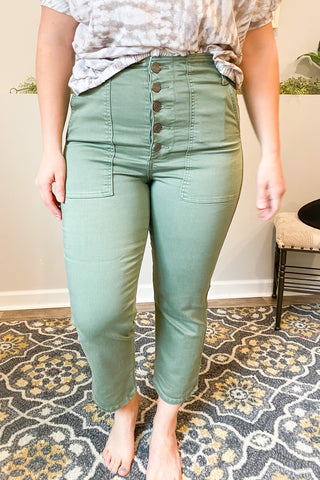 Olive Button Up Cropped Jean - Chic Avenue Boutique